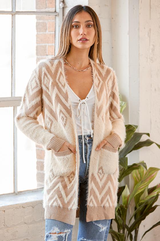 Ivory Multi Print Cardigan Fuzzy Knit Sweater Long Cardigan Lulus