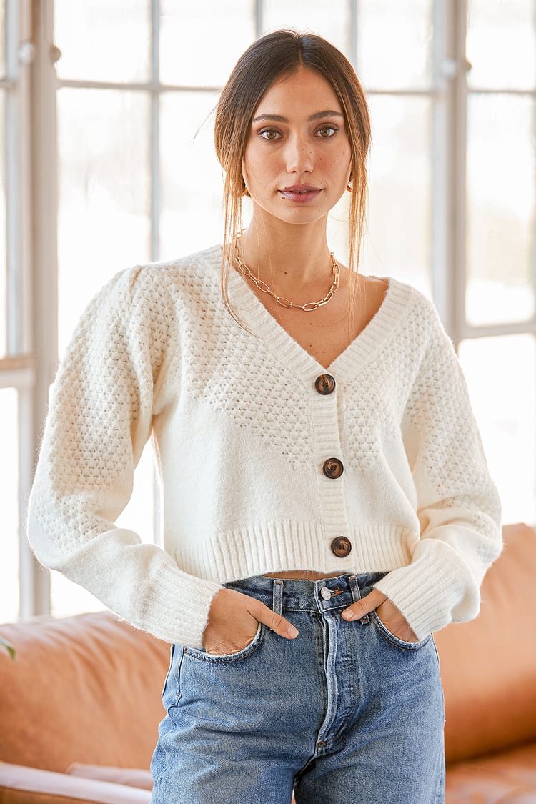 Lederen reagere Peck Off White Sweater - Cropped Cardigan Sweater - Button-Up Cardigan - Lulus