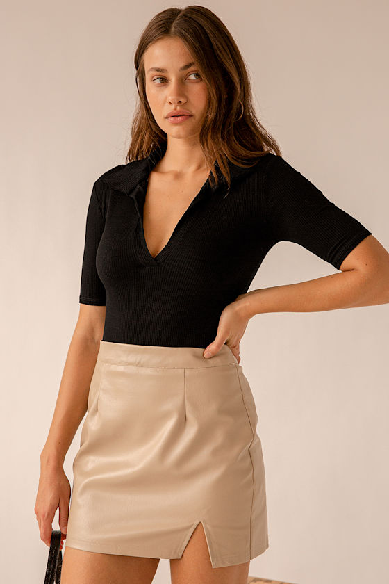 Black Collared Bodysuit Ribbed Bodysuit Short Sleeve Bodysuit Lulus