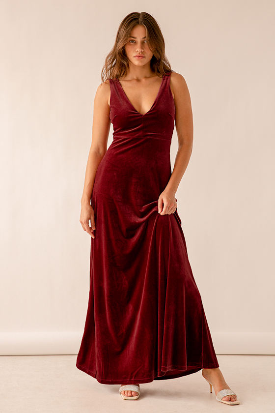 So Much Magic Berry Red Velvet Maxi Dress 7