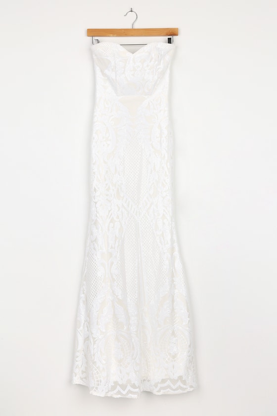 olivia white sequin strapless maxi dress