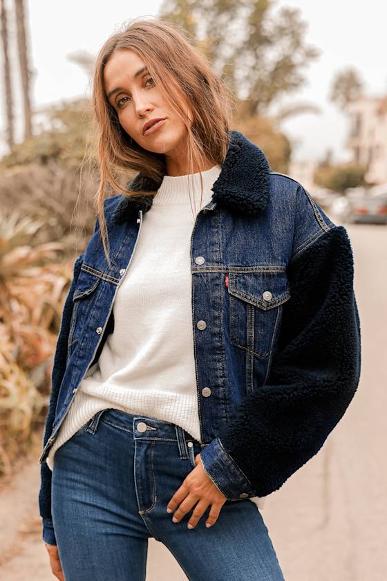 Cocoon Shearling Trucker Dark Wash Denim Jacket 7