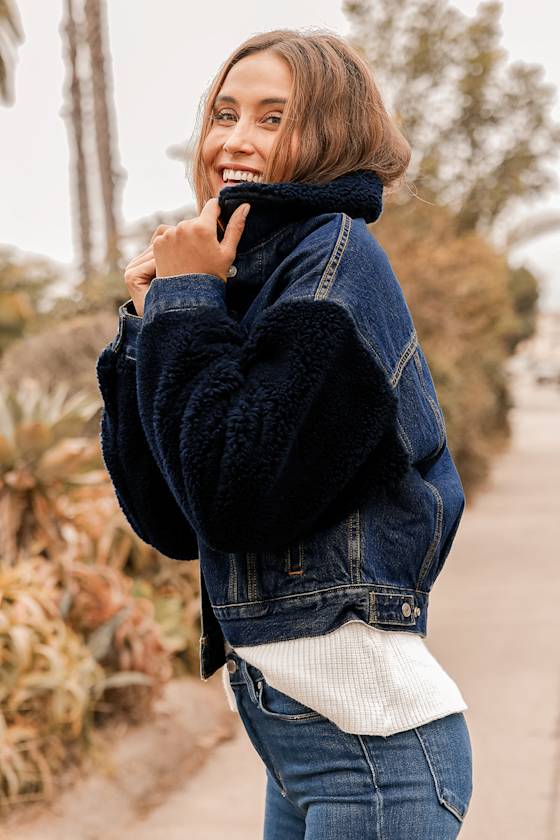 Cocoon Shearling Trucker Dark Wash Denim Jacket 8