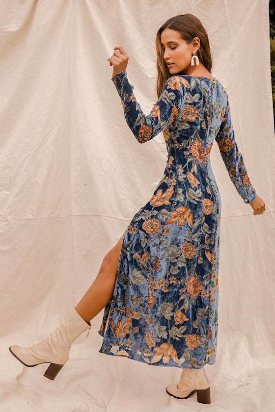 Blue Floral Velvet Dress - Midi Dress 