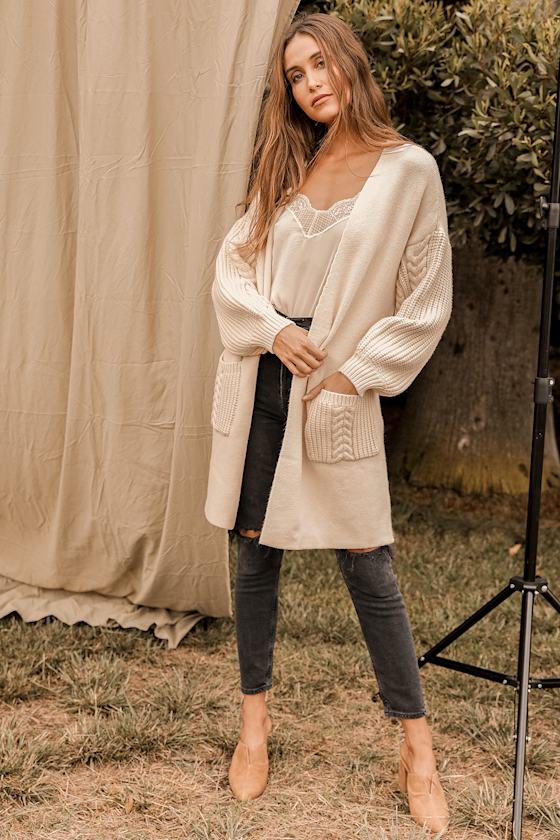 Good Pick Cream Cable Knit Balloon Sleeve Cardigan Sweater 7