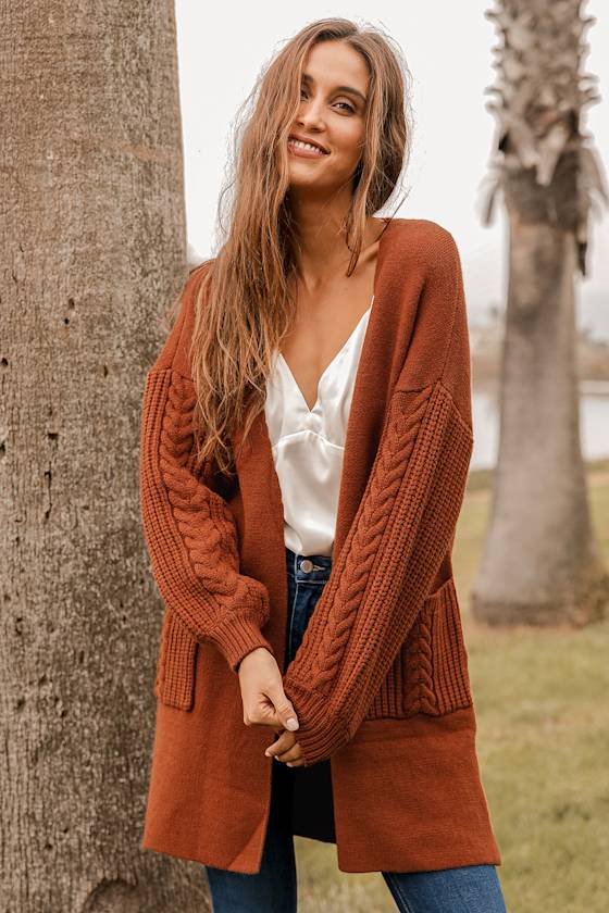 Good Pick Rust Brown Cable Knit Balloon Sleeve Cardigan Sweater 6