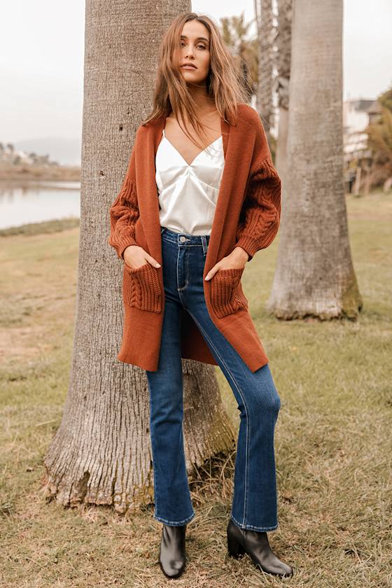 Good Pick Rust Brown Cable Knit Balloon Sleeve Cardigan Sweater 7