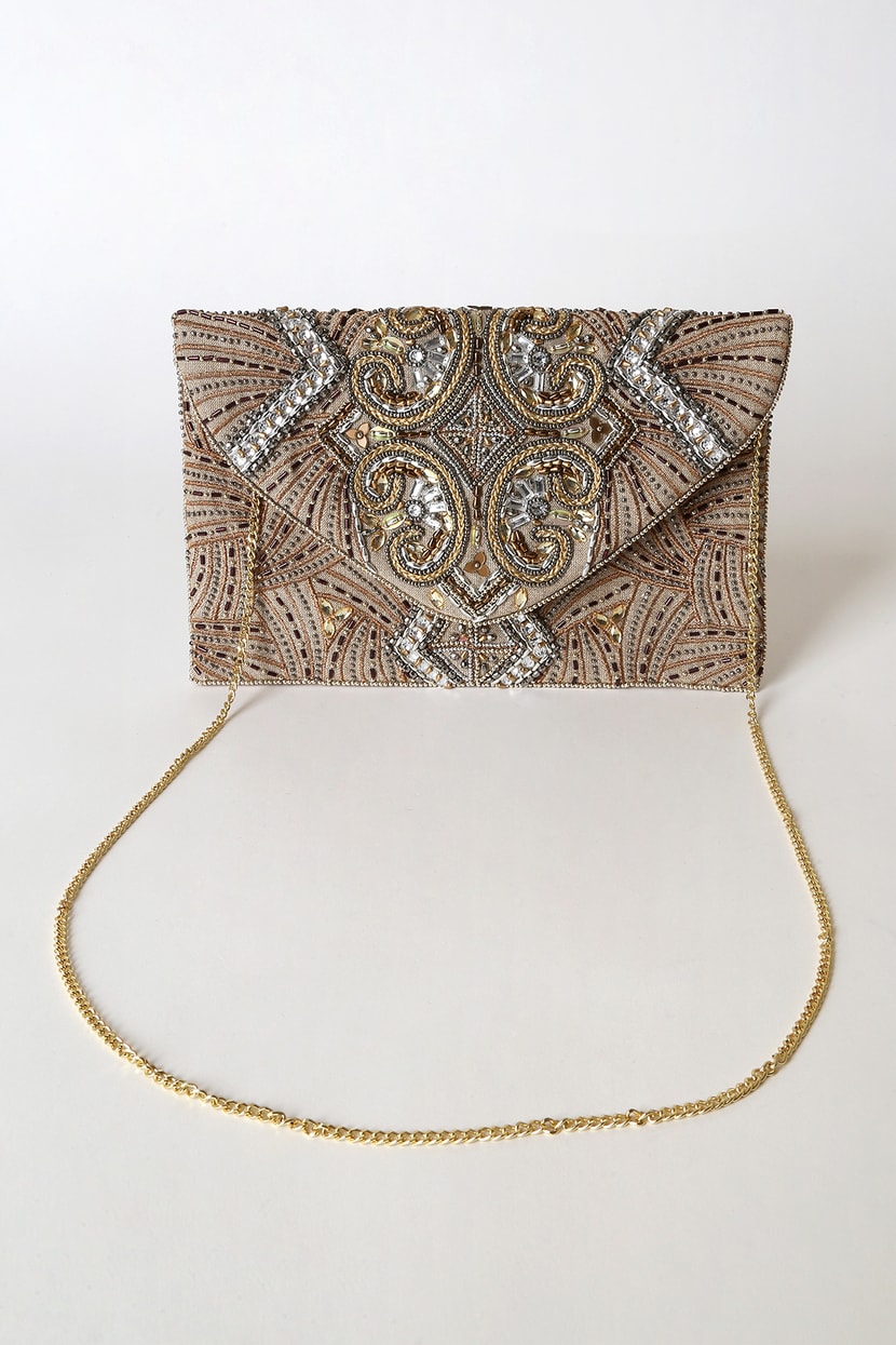 Beaded Brown and golden Embroidered Fashion Clutch Bags BR 25, For Purse