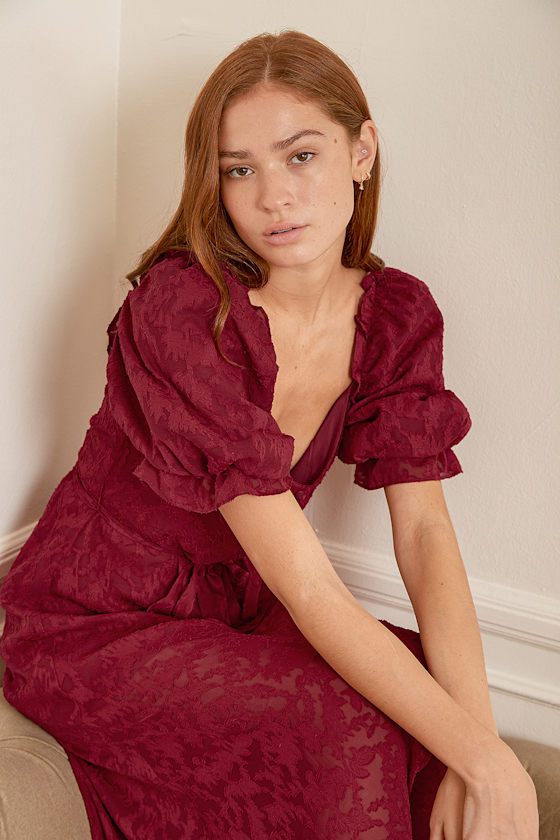 Wine Red Dress Puff Sleeve Dress Burnout Floral Maxi Dress Lulus