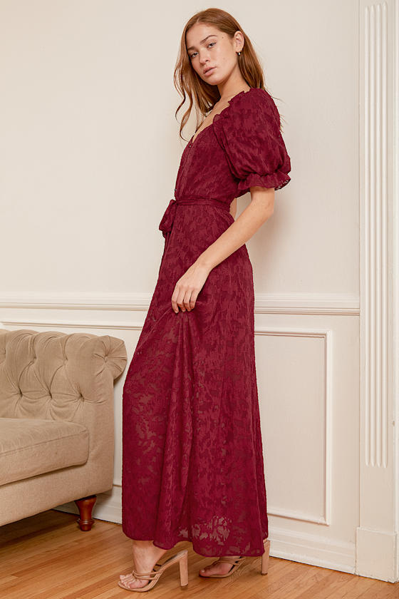 Wine Red Dress Puff Sleeve Dress Burnout Floral Maxi Dress Lulus