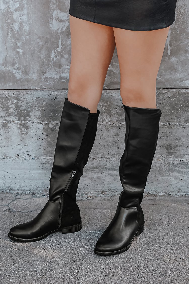 Leather Black Knee High Boots | tyello.com