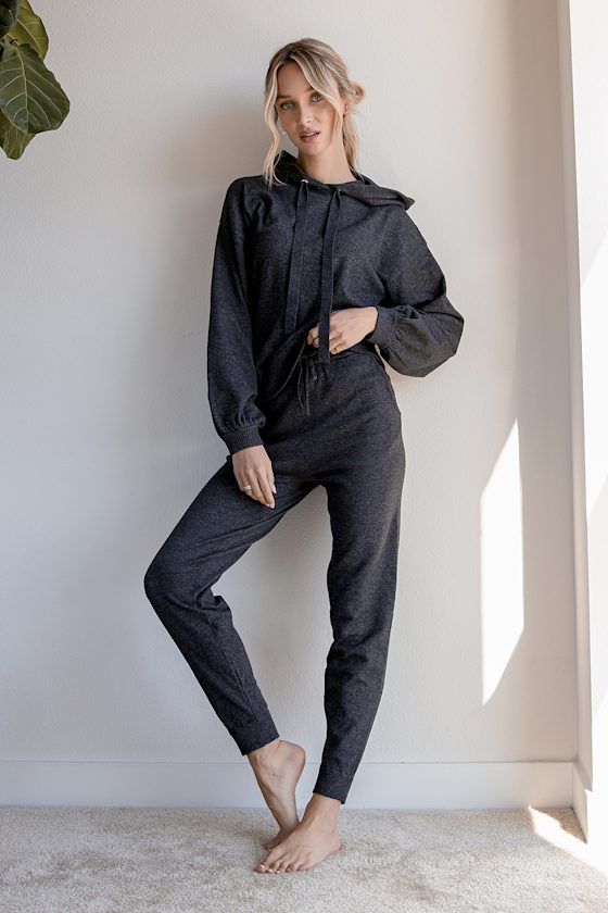 Charcoal Grey Hoodie - Knit Hoodie - Balloon Sleeve Hoodie