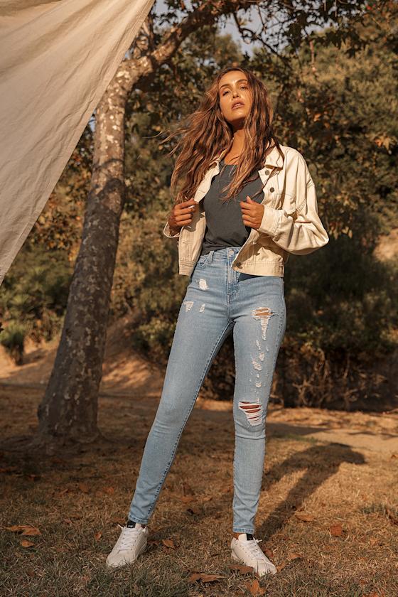 Giselle Light Wash Denim Distressed High Rise Skinny Jeans