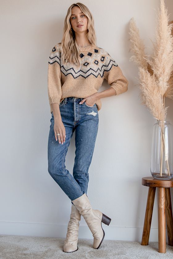 Fair Isle Tan Multi Knit Three-Quarter Sleeve Sweater 7