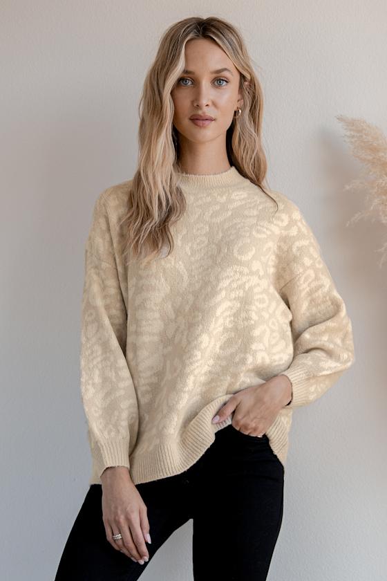 RD Style - Beige Leopard Print Sweater - Balloon Sleeve Sweater - Lulus