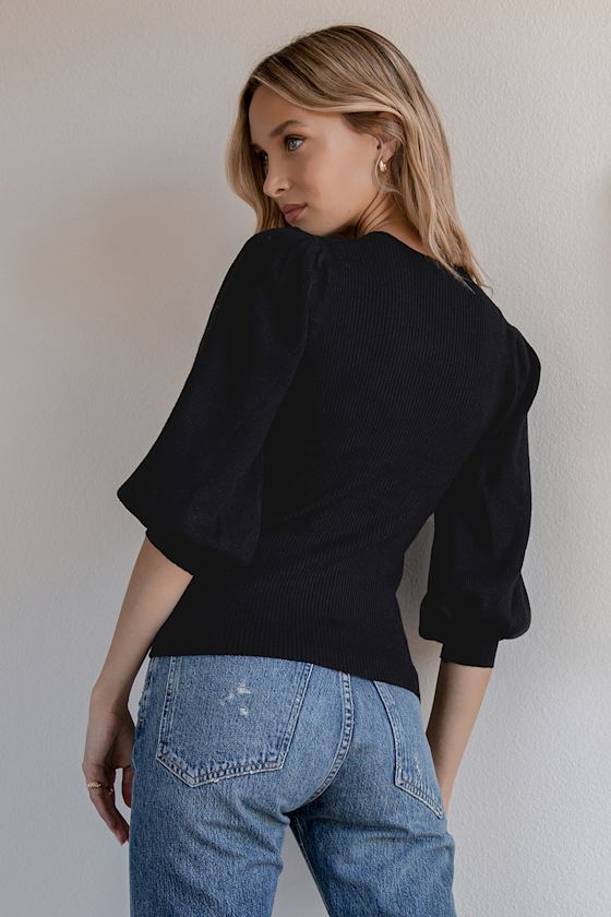 Totally Chill Black Ribbed Balloon Sleeve Sweater 7