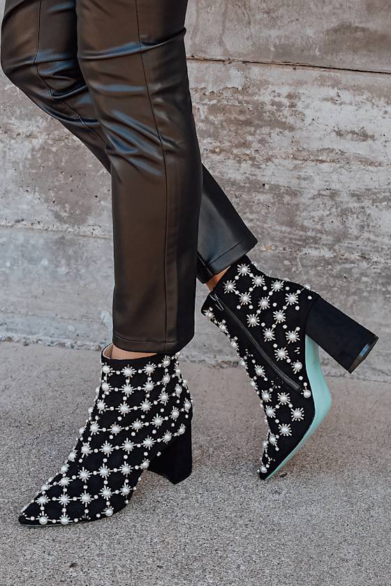 SB-Zoie Black Suede Pearl Pointed-Toe Ankle Booties 1