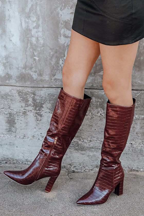 Shaun Burgundy Crocodile-Embossed Pointed-Toe Knee High Boots 1