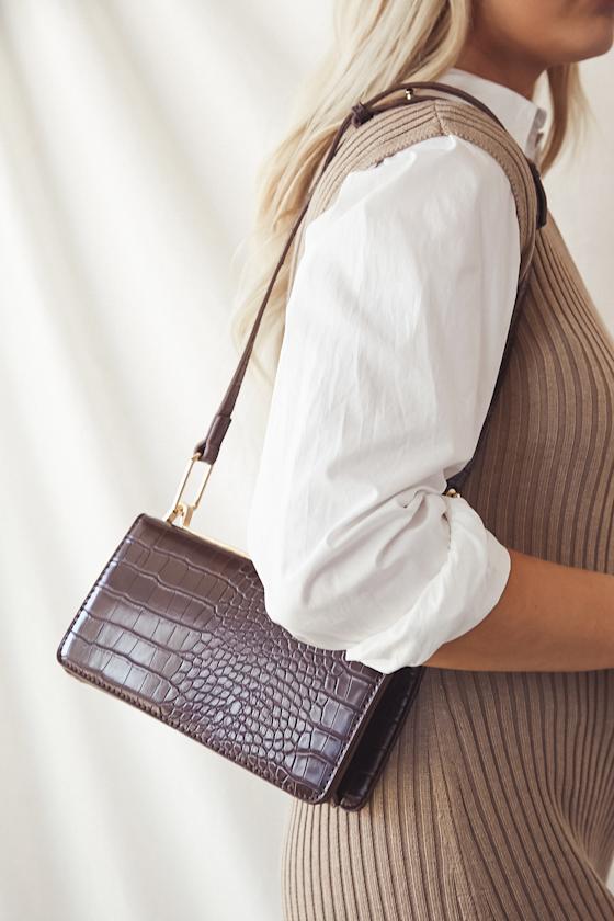 Brie Chocolate Brown Crocodile-Embossed Handbag 1