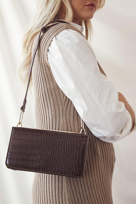 Brie Chocolate Brown Crocodile-Embossed Handbag 2