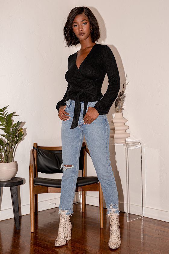 Black Sweater - Faux-Wrap Sweater 