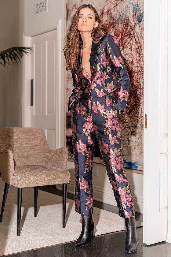 Bloom Boldly Navy Blue Floral Satin Jacquard Trouser Pants
