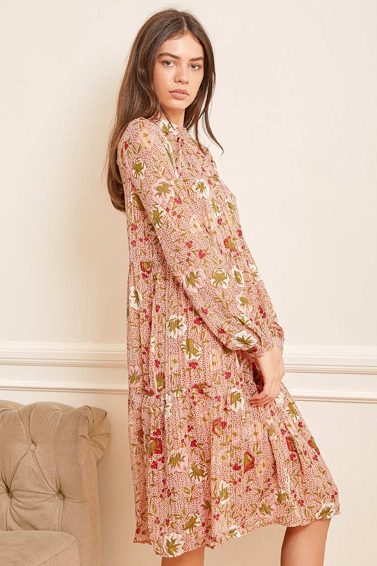 cream party dress A-Line Midi Casual with Floral Print Cream Floral Print / Large and the pleated skirt 2018-11-16 Sleeve Summer Sundresses Casual Size:6X