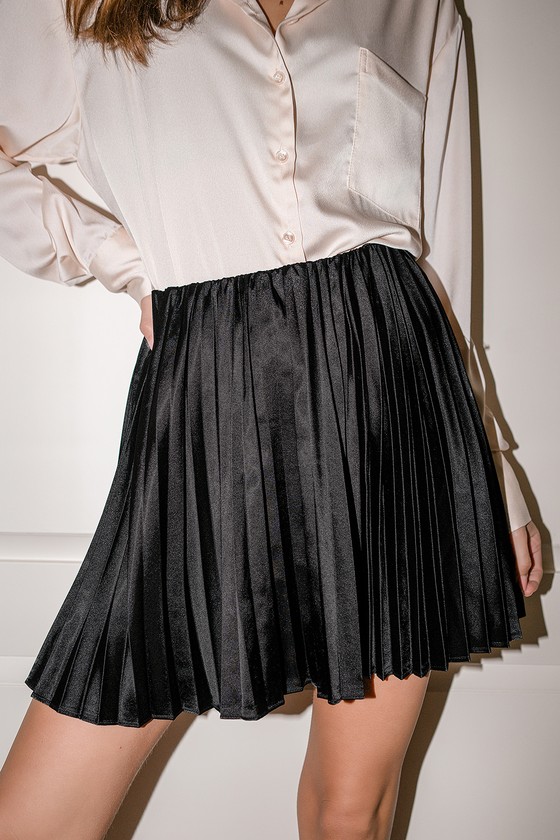 Black Mini Skirt Pleated Satin Skirt Skater Mini Skirt Lulus 