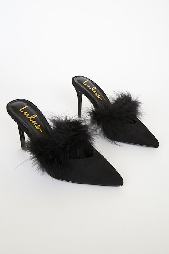 Fazal Black Suede Feather Pointed-Toe Mules 1