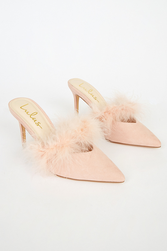 Fazal Blush Suede Feather Pointed-Toe Mules 1