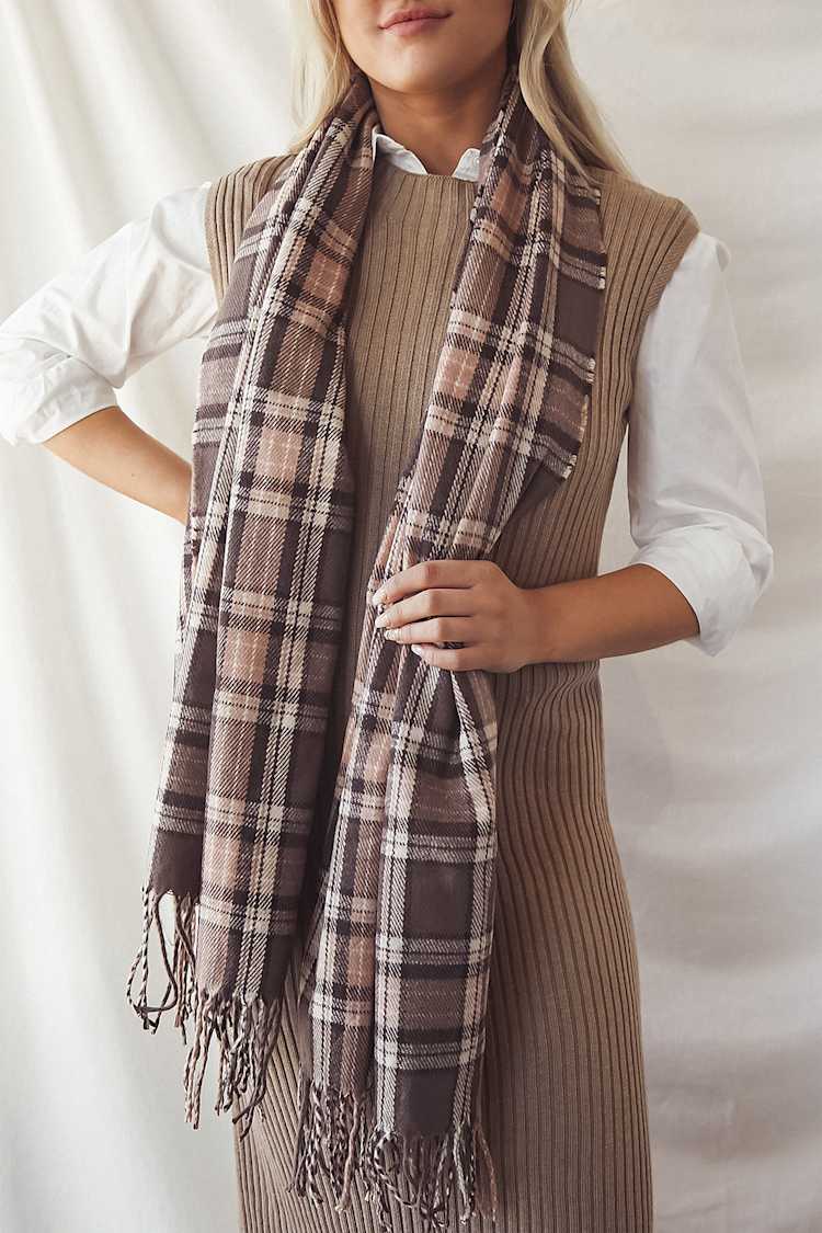 Brown Plaid Scarf - Marled Knit Scarf - Oversized Fringe Scarf - Lulus