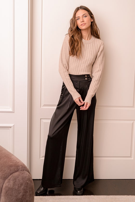 Black Satin Pants  Wide Leg Pants  Side Slit Pants  Pants  Lulus