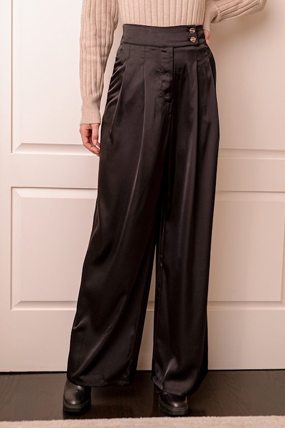 Only For Tonight Black Satin Wide-Leg Trouser Pants 6