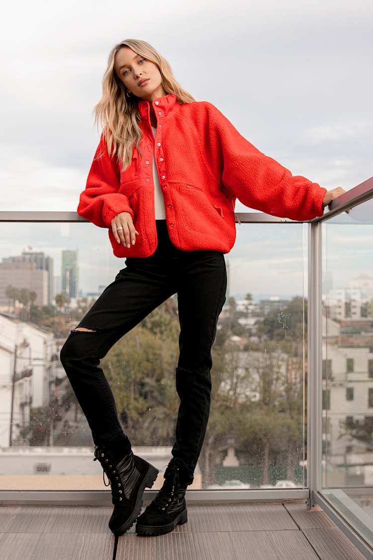 Free People Hit the Slopes - Cardinal Red Jacket - Fleece Jacket - Lulus