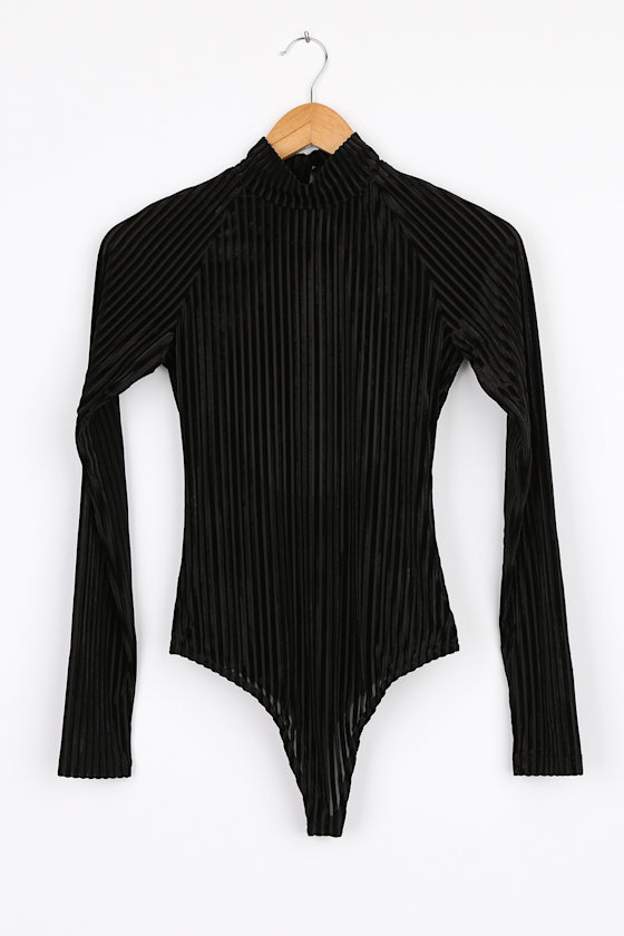 Absolute Stunner Black Velvet Striped Long Sleeve Bodysuit - thumbnail 6