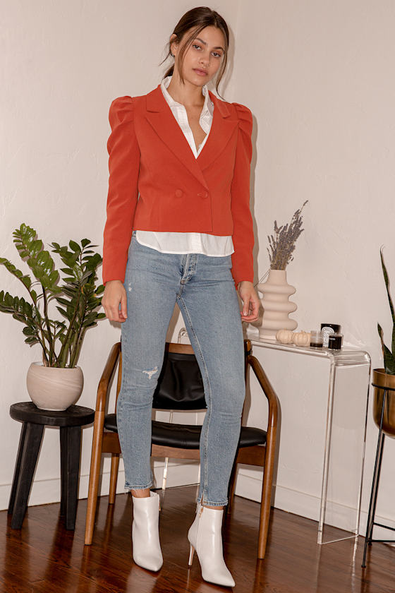 Executive Chic Orange Puff Sleeve Double Breasted Cropped Blazer 4