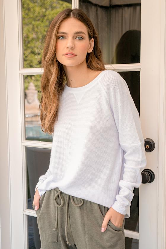 White Waffle Knit Top - Soft Long Sleeve Top - Thumbhole Top - Lulus