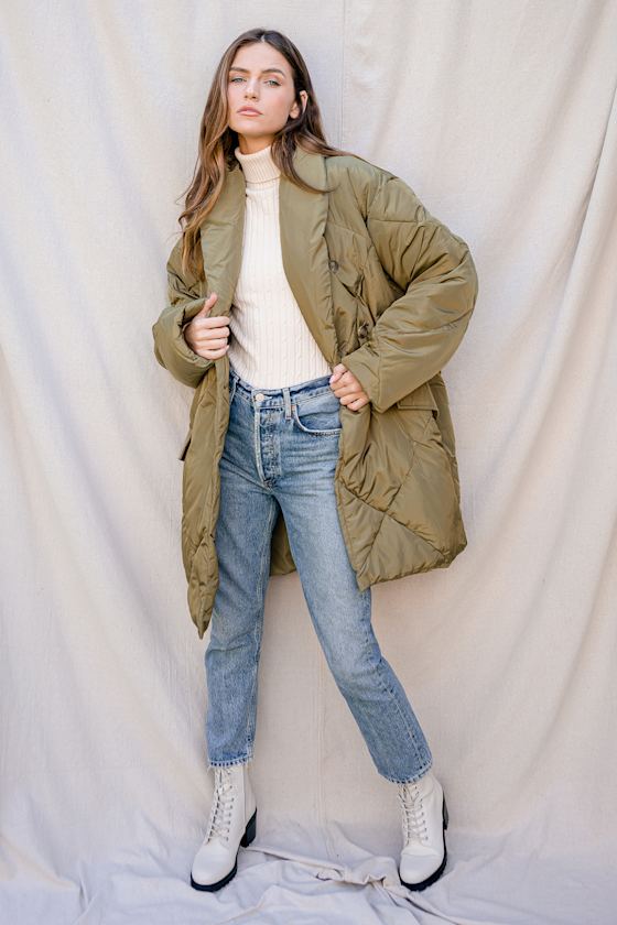 Ella Olive Green Quilted Puffer Jacket 1