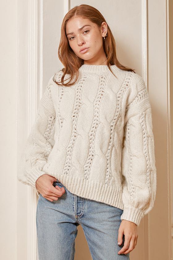 Cream Knit Sweater Cable Knit Sweater Soft Pierced Sweater Lulus