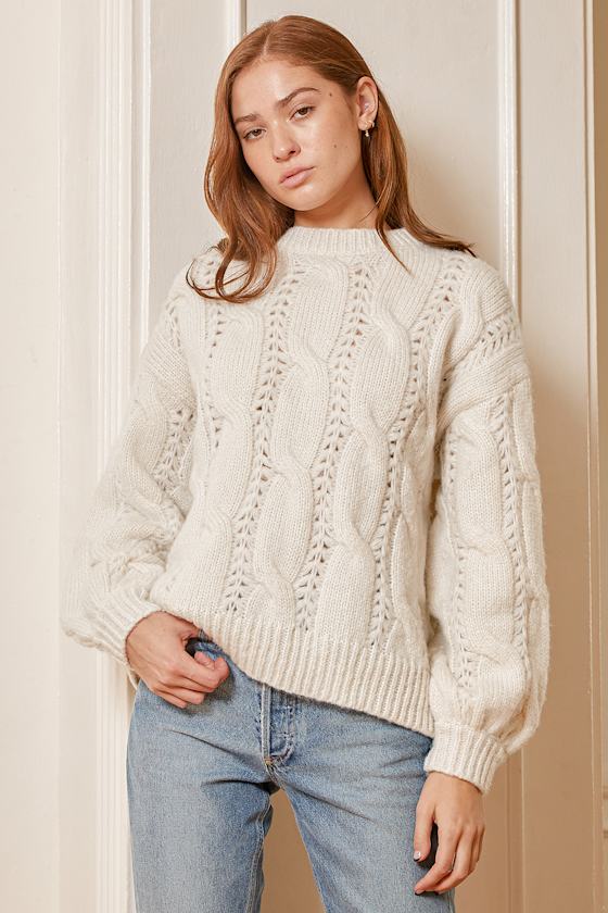 Cream Knit Sweater - Cable Knit Sweater - Soft Pierced Sweater - Lulus