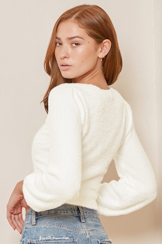 Your Sweetest Wish White Eyelash Knit Ruched Cropped Sweater 7