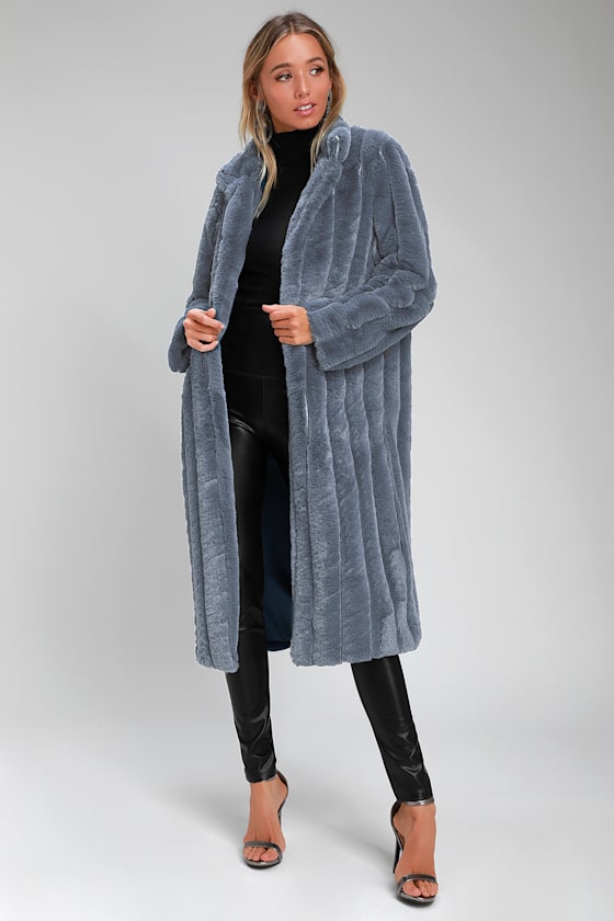 Cozy Queen Slate Blue Faux Fur Long Coat 1