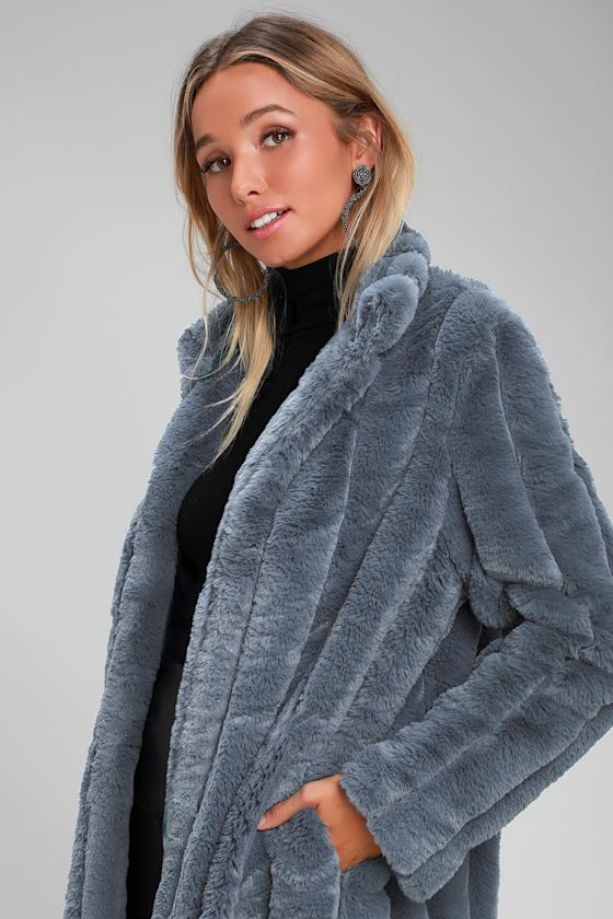 Cozy Queen Slate Blue Faux Fur Long Coat 3