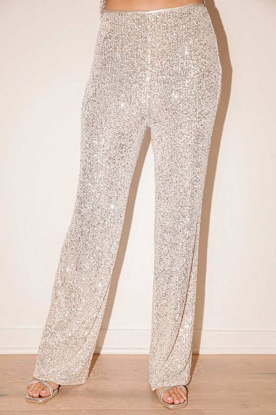 Champagne Sequin Pants - High Waisted Pants - Sequin Trousers - Lulus