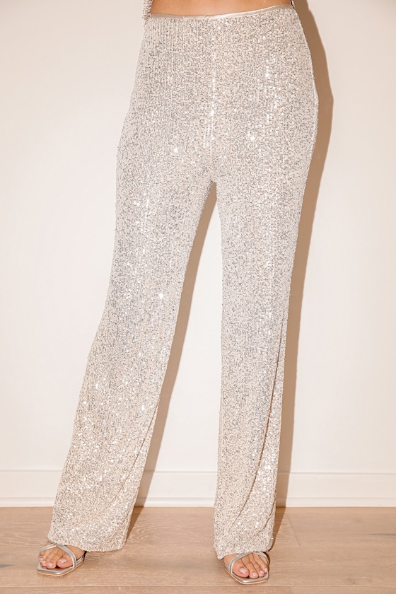 Champagne Sequin Pants - High Waisted Pants - Sequin Trousers - Lulus