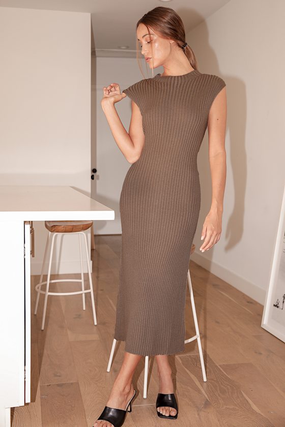 Destined for Love Light Brown Ribbed Knit Midi Dress 6