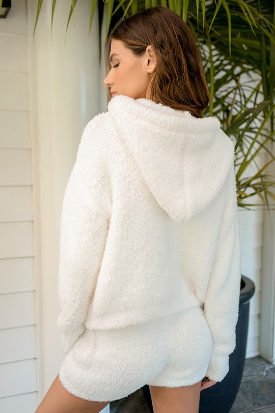Snuggle With Me White Fuzzy Drawstring Hoodie 4
