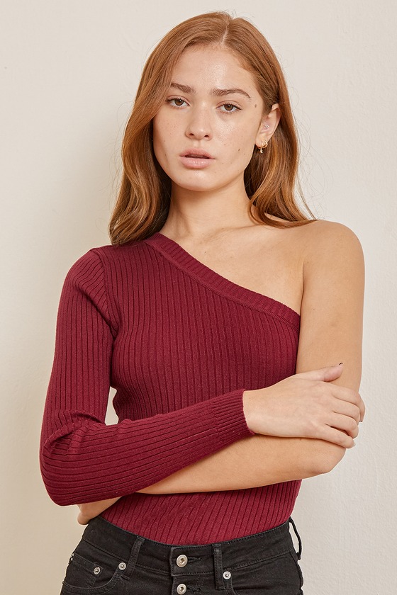 New Love Burgundy Ribbed One-Shoulder Sweater Top