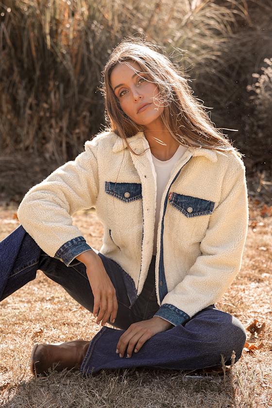 Ex-Boyfriend Pieced Off White Multi Shearling Trucker Jacket 5