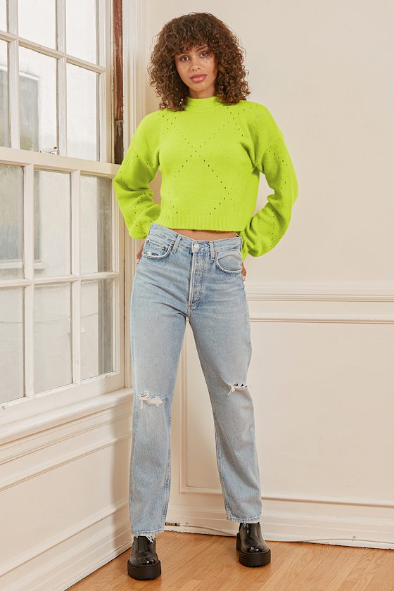 Cool Points Lime Green Pointelle Cropped Sweater 4